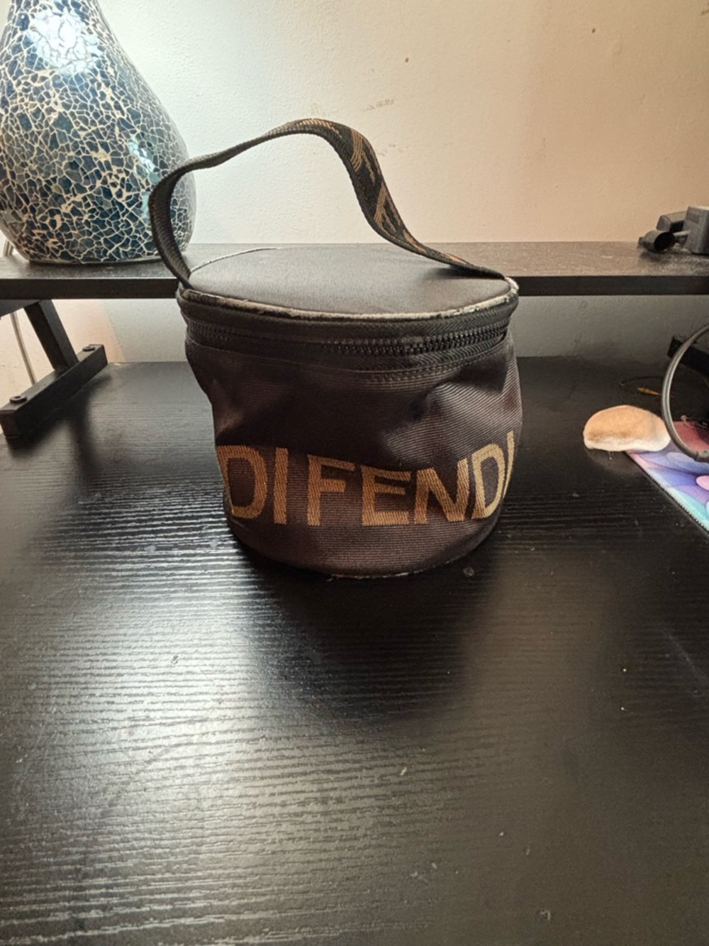 Authentic Vintage Fendi Round Vanity Case – Black & Gold Canvas
